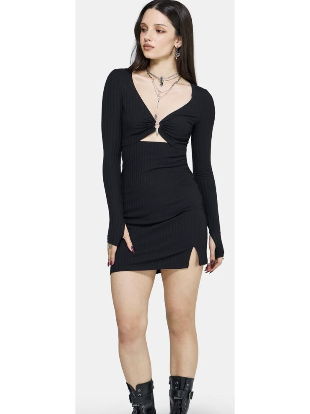 DISTURBIA Eastwick Cut Out Mini Dress US 12 Black Ribbed Goth Whimsigoth